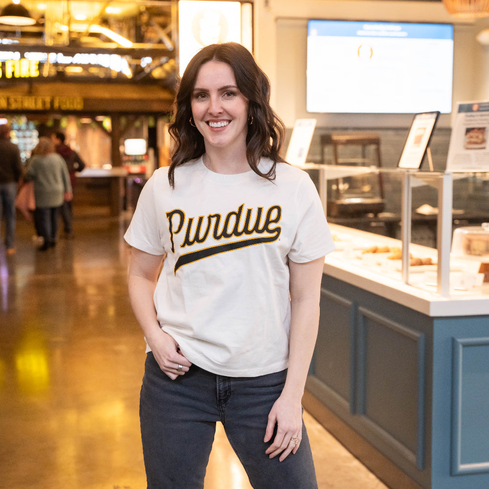 Script Gold Purdue Purdue Basketball Script Womens Boxy – The Shop Indy