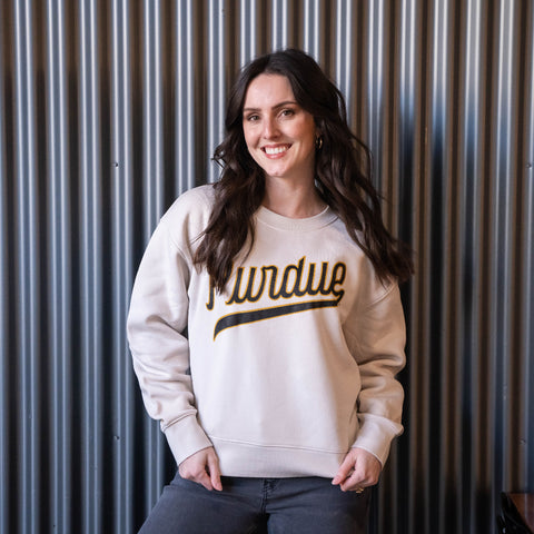 Purdue Basketball Script Womens Relaxed Crewneck Bone